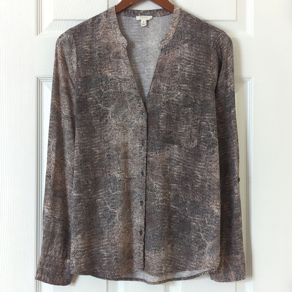 Soft Joie Dane Snakeskin Printed Long Roll Tab Sleeve V-neck Button Down Shirt S - Picture 1 of 14